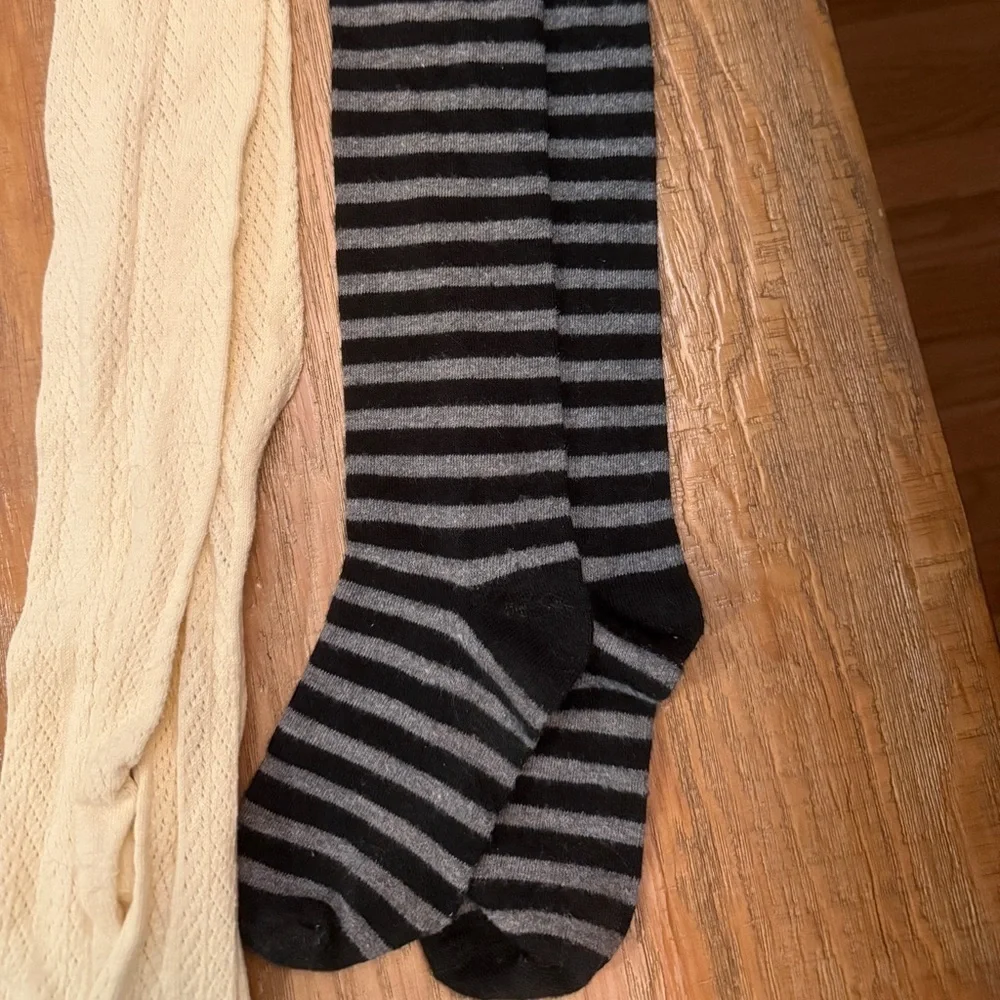 Black and Gray Striped Lace top & Cream Thigh high knit socks 2 pair academia